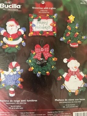 Bucilla Red & Green Felt Holiday Ornament Set “Snowman with Lights” Kit